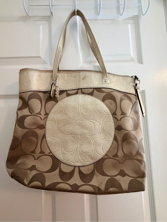 Coach Handbags - Coach Taupe Signature Canvas Tote with Cream Leather Accent